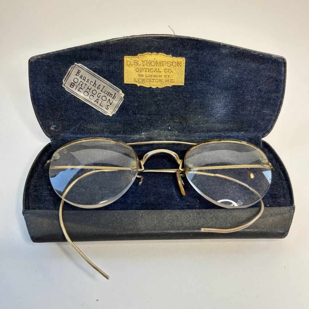 Antique Bausch & Lomb 1/10 12K GF Rimless Round Eyeglasses Bifocals w Case
